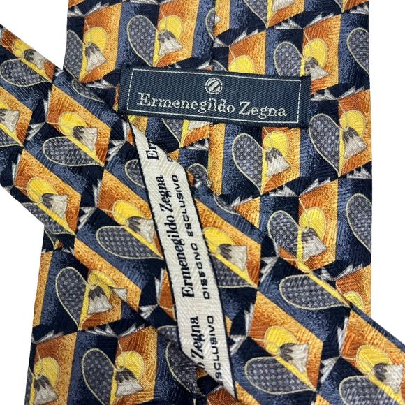 ERMENEGILDO ZEGNA Silk Tie Blue Gold Geometric Heart Pattern Designer Necktie - Picture 6 of 9